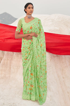 Vibrant Green Georgette Saree