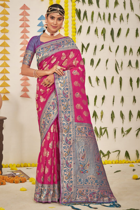 Pink And Lilac Banarasi Saree