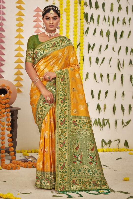 Yellow And Green Banarasi Saree