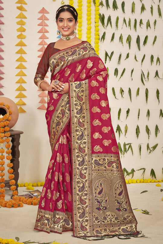 Pink And Brown Banarasi Saree