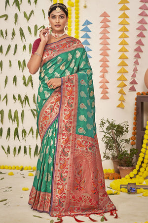 Green And Red Banarasi Saree