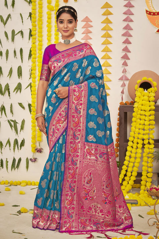 Blue And Pink Banarasi Saree