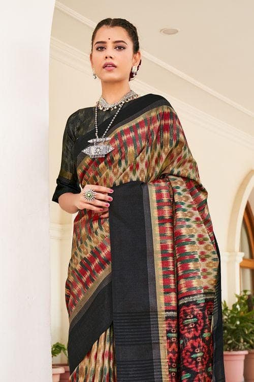 Black And Cream Ikat Saree