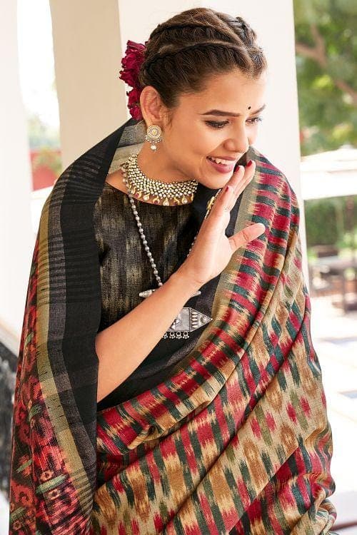 Black And Cream Ikat Saree