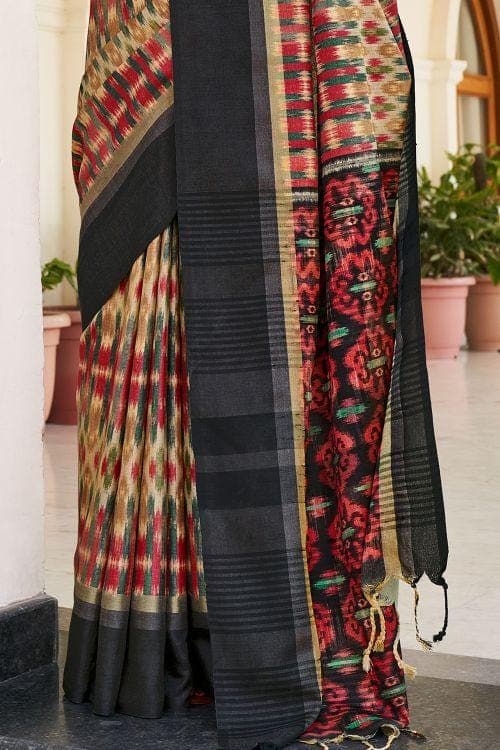 Black And Cream Ikat Saree