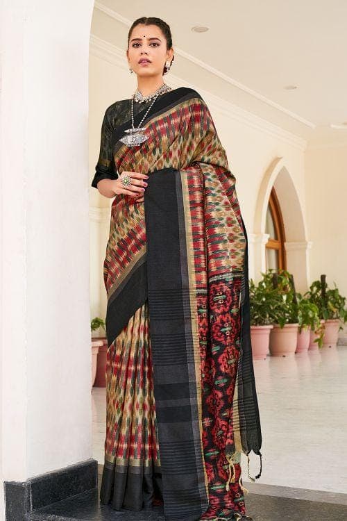 Black And Cream Ikat Saree