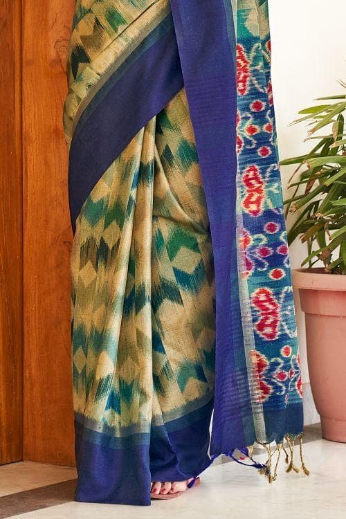Blue And Cream Ikat Saree