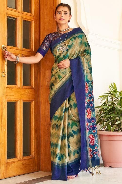 Blue And Cream Ikat Saree