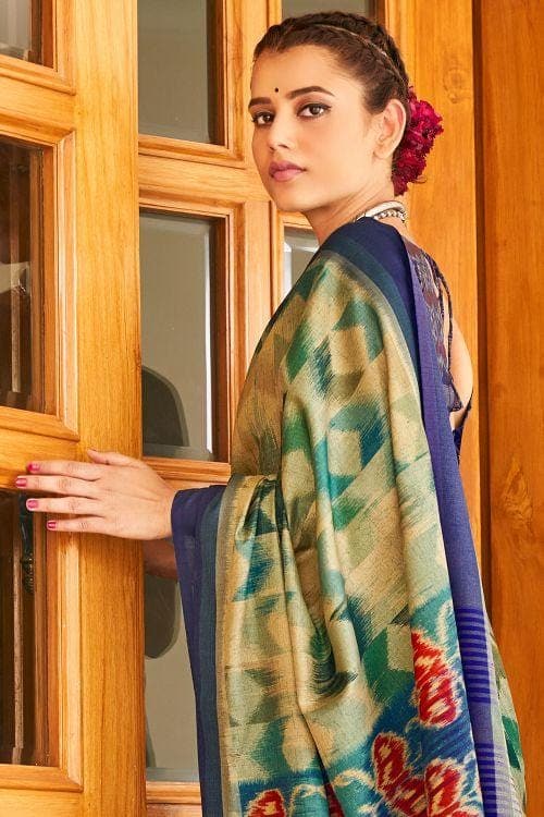 Blue And Cream Ikat Saree