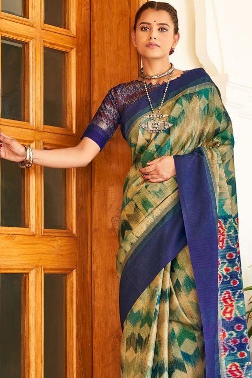 Blue And Cream Ikat Saree