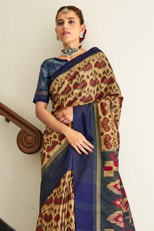 Blue And Cream Ikat Saree