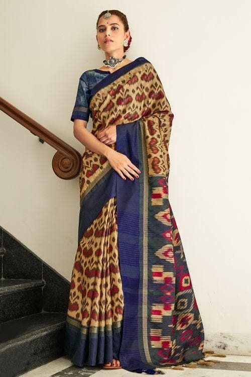 Blue And Cream Ikat Saree
