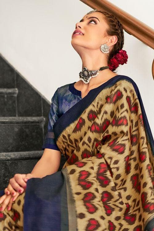 Blue And Cream Ikat Saree