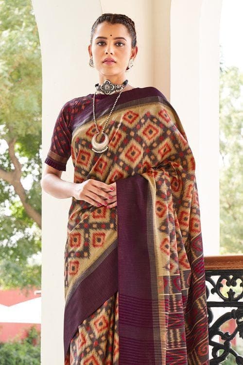 Brown And Cream Ikat Saree