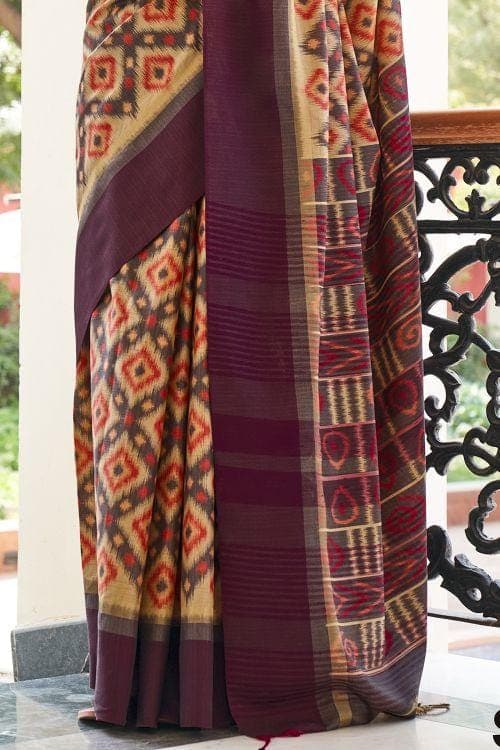 Brown And Cream Ikat Saree