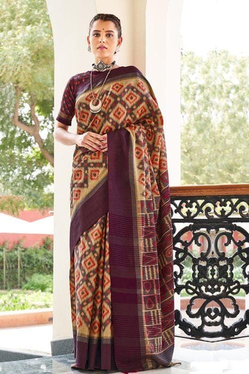 Brown And Cream Ikat Saree
