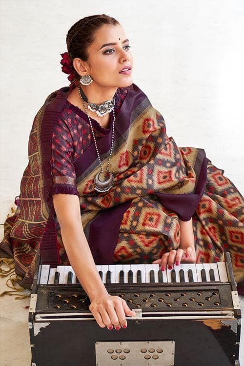 Brown And Cream Ikat Saree