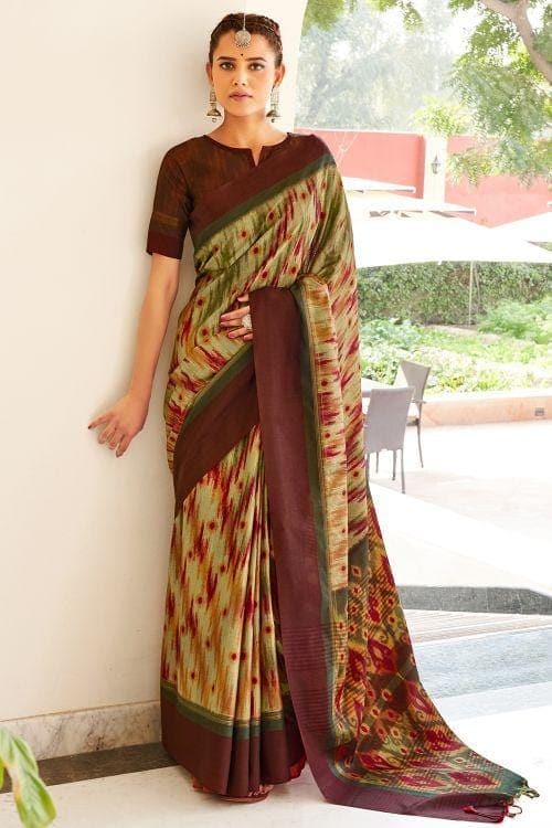 Brown And Cream Ikat Saree