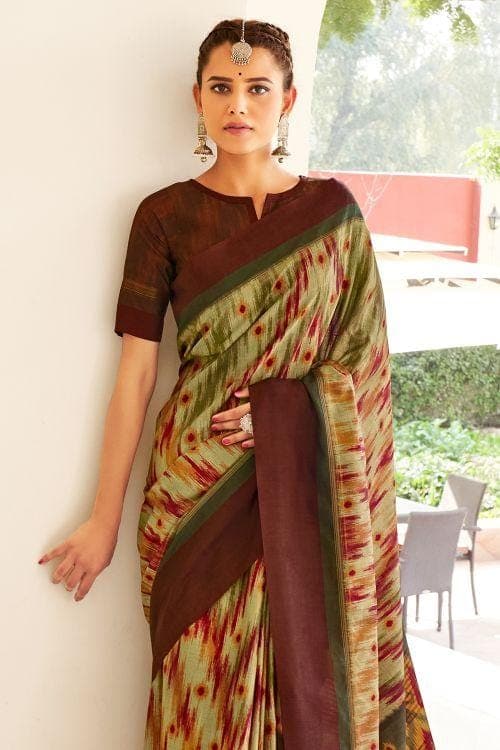 Brown And Cream Ikat Saree