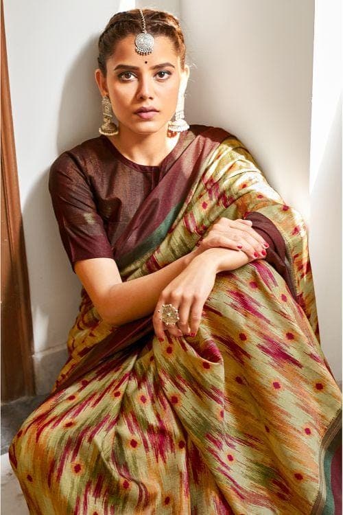 Brown And Cream Ikat Saree