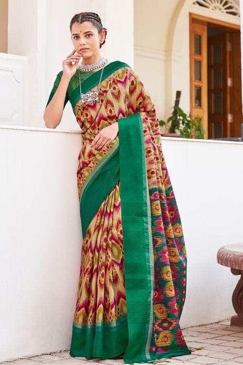Green And Cream Ikat Saree