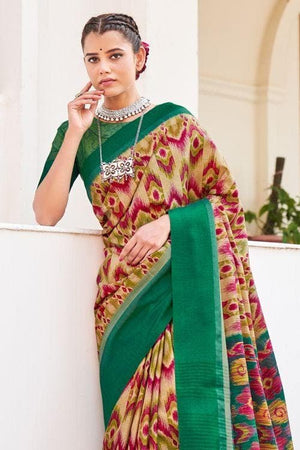 Green And Cream Ikat Saree