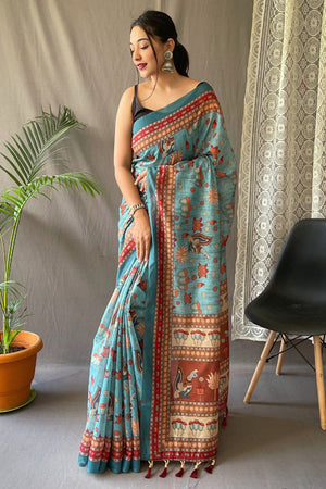 Cornflower Blue Kalamkari Saree