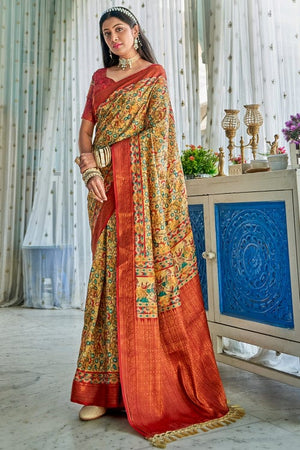 Cosmic Latte Cream Kalamkari Saree