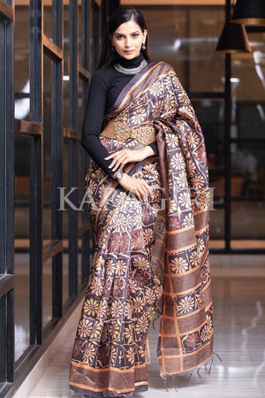 Dark Brown Kalamkari Saree