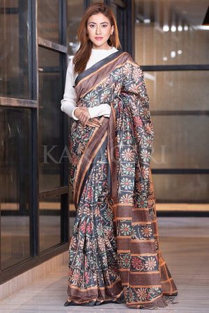 Dark Grey Kalamkari Saree