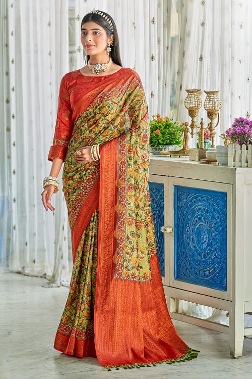 green kalamkari saree