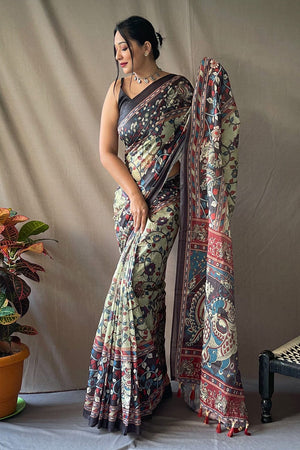 Olive Green Kalamkari Saree