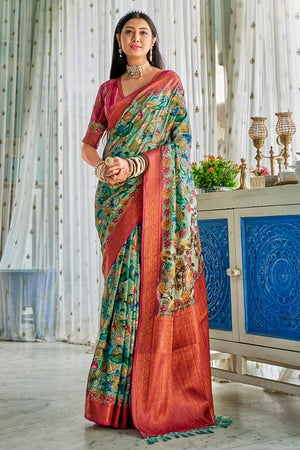 Teal Blue Kalamkari Saree