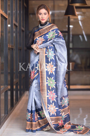 Teapot Blue Kalamkari Saree