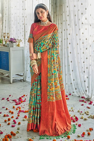 Turquoise Blue Kalamkari Saree
