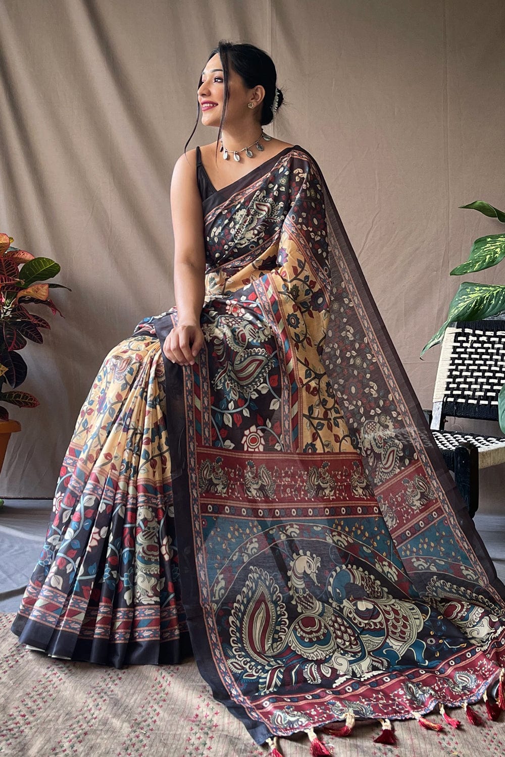 Yellow Kalamkari Printed Satin Silk Saree