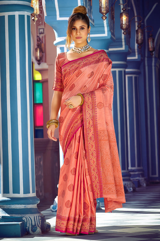Peach And Pink Banarasi Saree