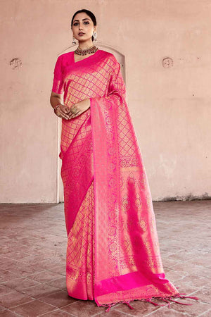 Deep Pink Zari Woven Kanjivaram Fusion Saree With Swaroski