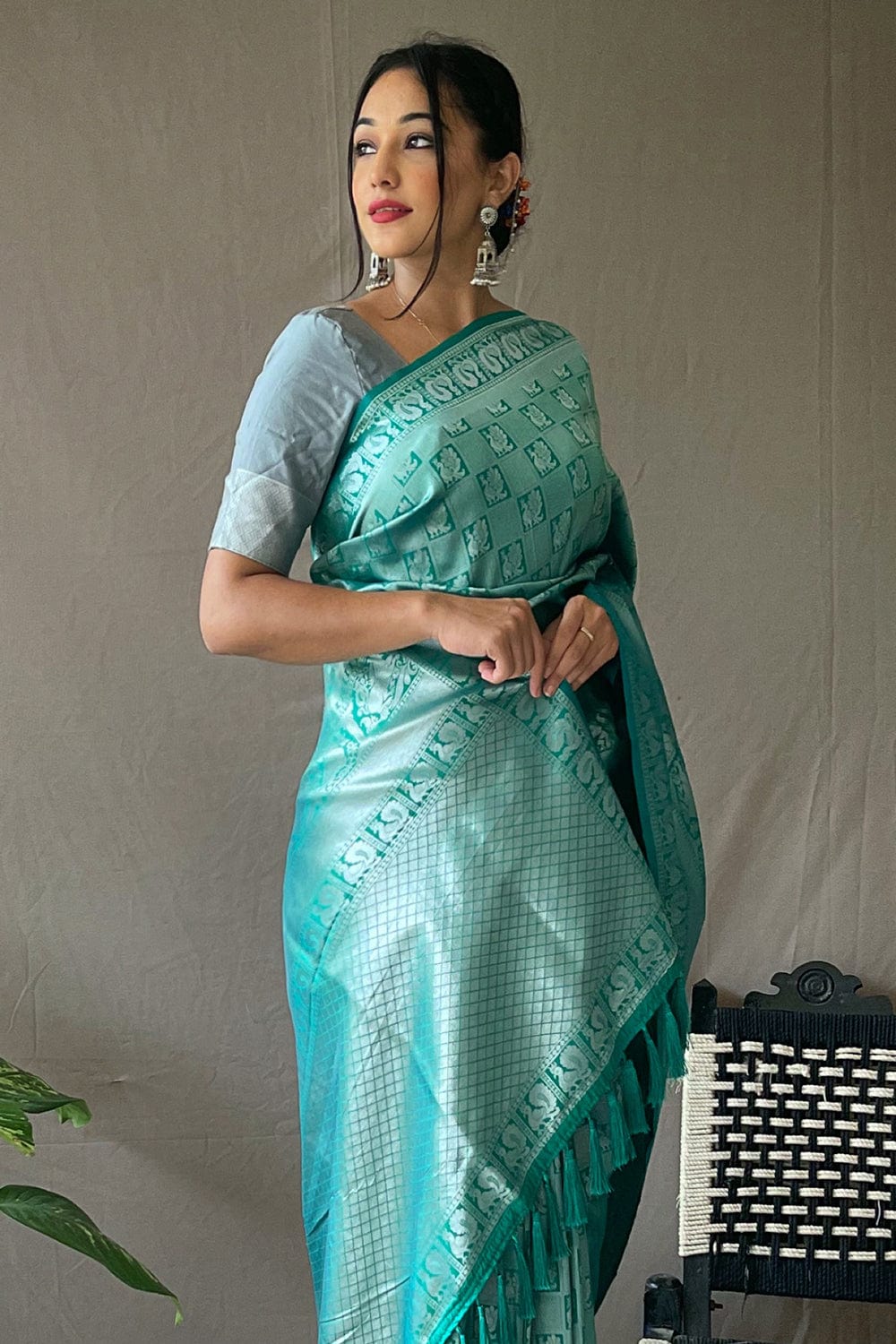 Shop Aqua Blue Chiffon Saree With Upadda Silk Blouse Drape Saree Online in  USA – Pure Elegance