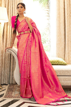 Begonia Pink Kanjivaram Saree With Blouse Piece