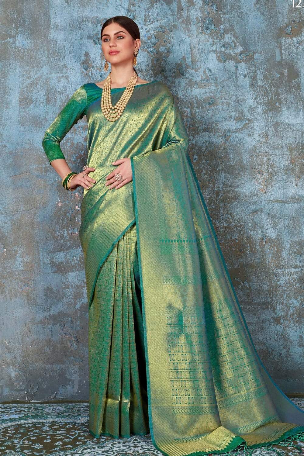 Buy the elegant Bright Green Woven Kanjivaram Saree - Karagiri