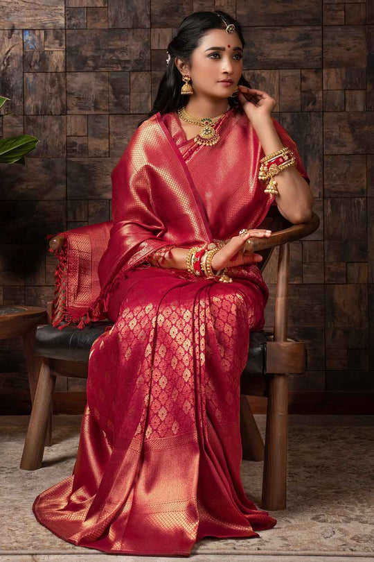 Buy the elegant Burgundy Red Zari Work Kanjivaram Saree online-Karagiri