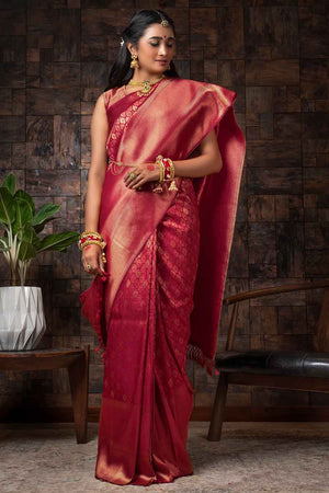 Burgundy Red Zari Work Kanjivaram Saree