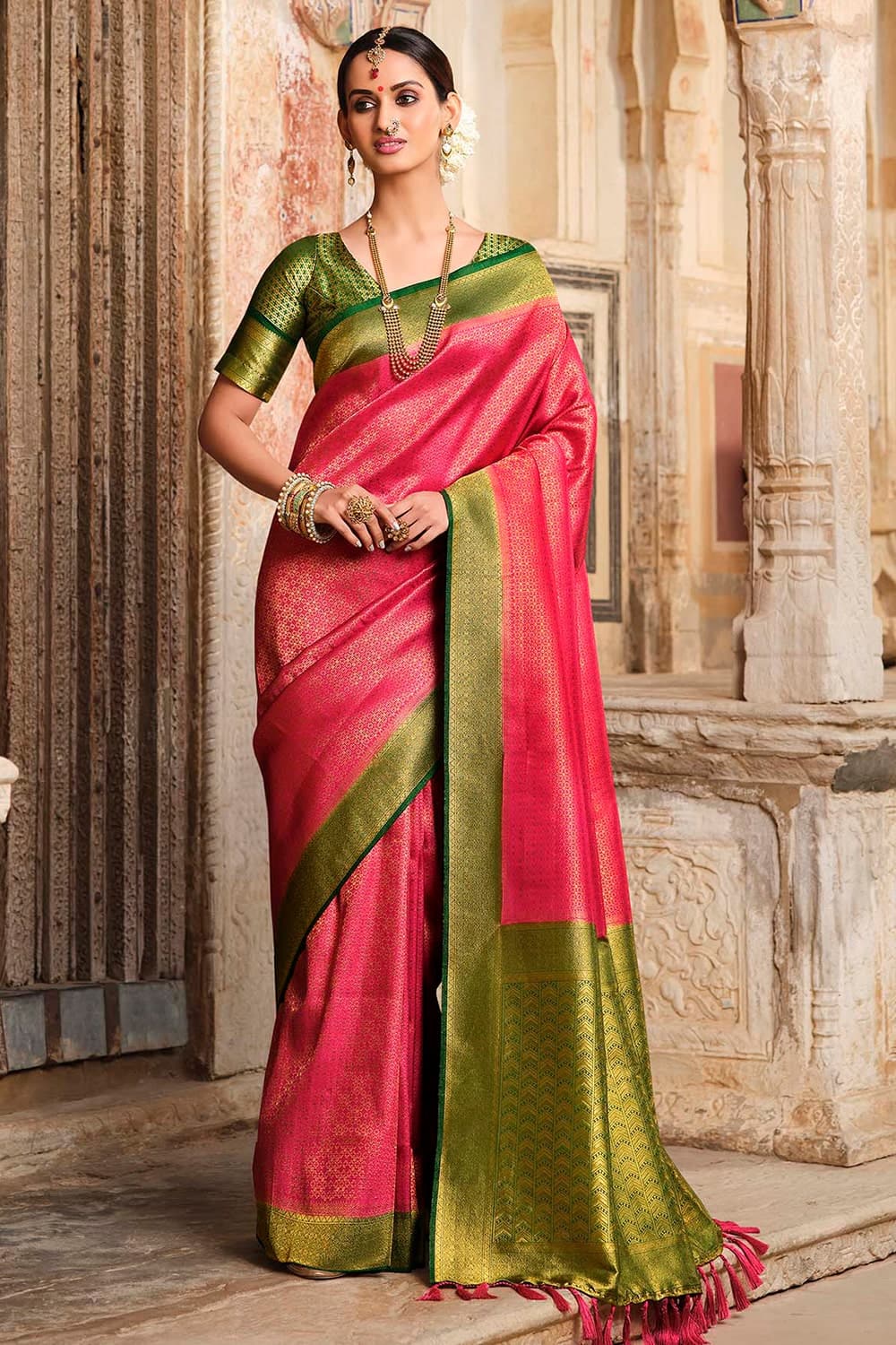 Pink and hotsell green wedding saree