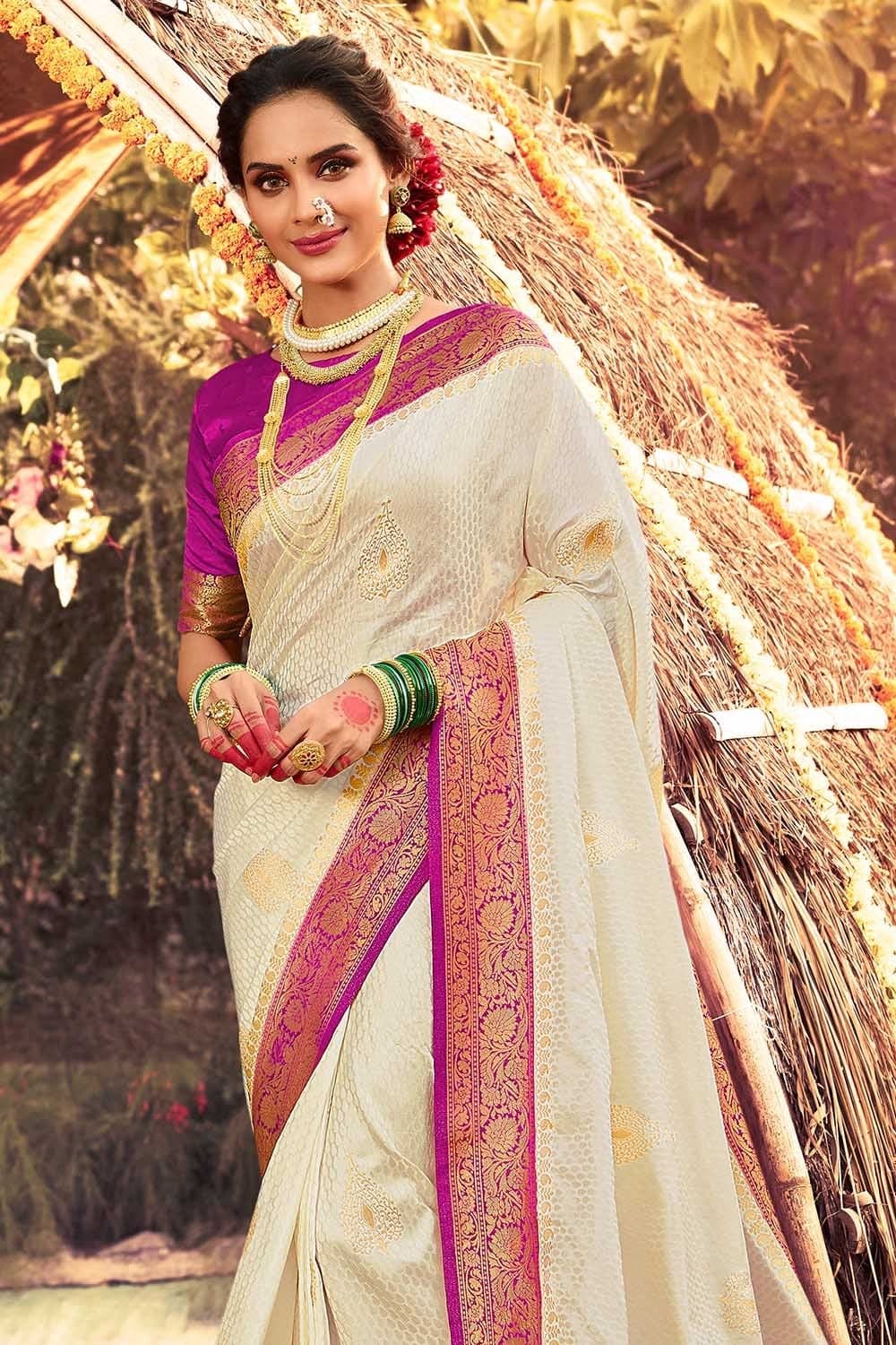 Handloom Off White And Maroon Pure Silk Kanjivaram Saree With Korvai B –  WeaverStory