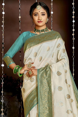 Cream And Blue Colour Kanjivaram Saree