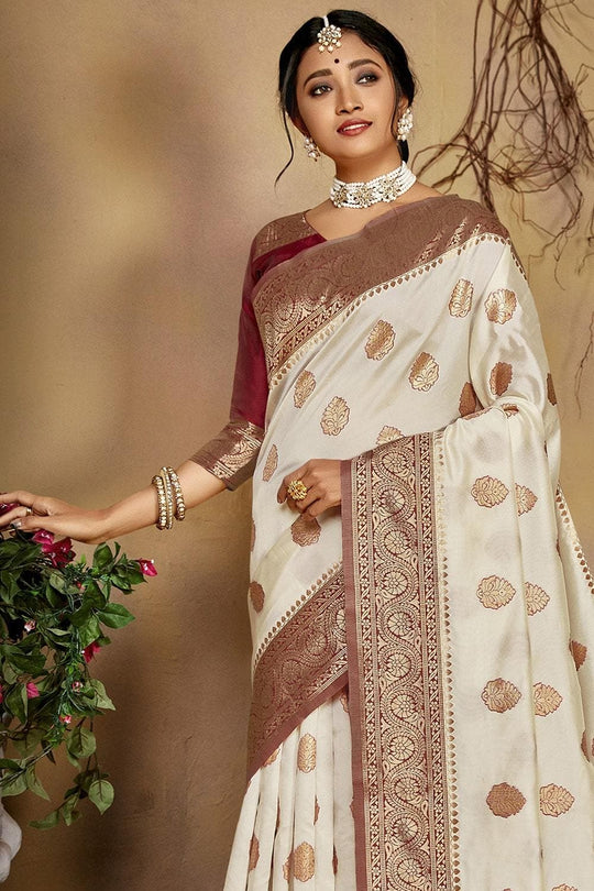 Kanjivaram Saree Cream And Brown Colour Kanjivaram Saree saree online