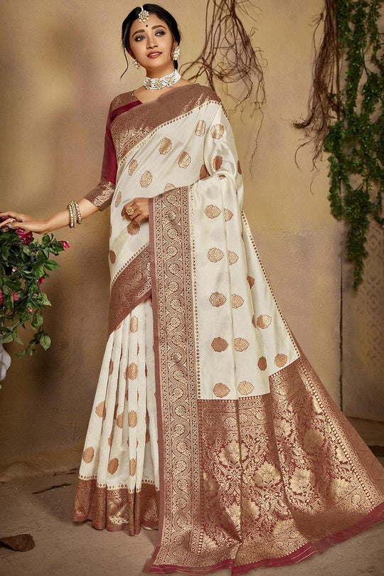 Kanjivaram Saree Cream And Brown Colour Kanjivaram Saree saree online