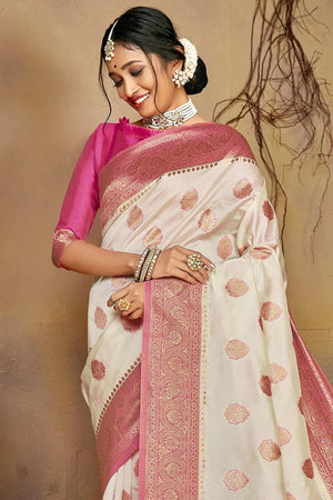 Cream And Pink Colour Kanjivaram Saree