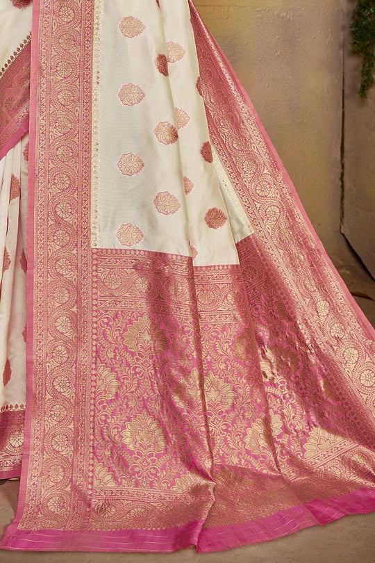 Kanjivaram Saree Cream And Pink Colour Kanjivaram Saree saree online